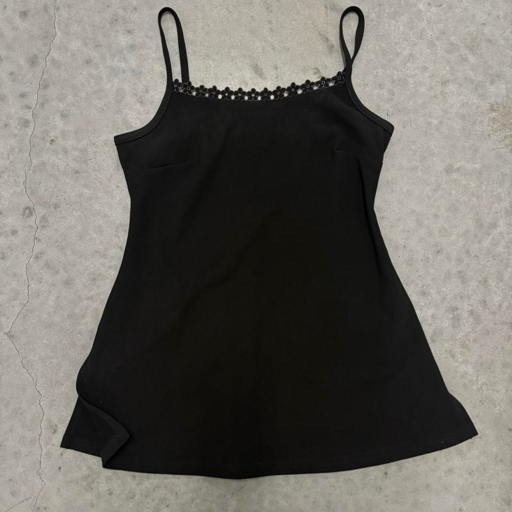 Vintage 90s square neck floral trim black mini dress with slits.